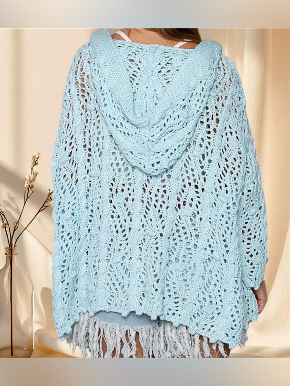 POL Baby Blue Crochet Hooded Open Knit Cardigan Sweater - Picture 2 of 5